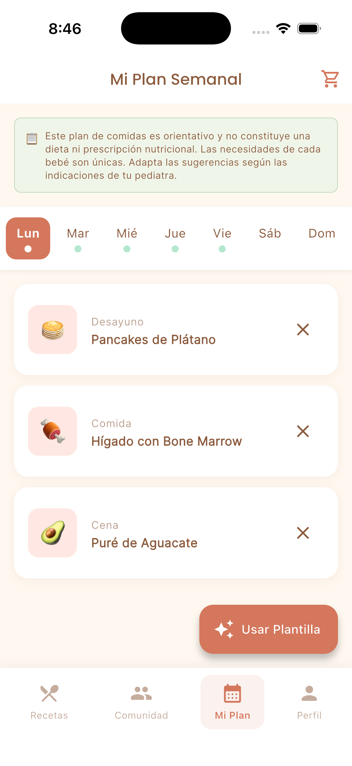 Tocomo weekly meal planner with customizable baby meal templates