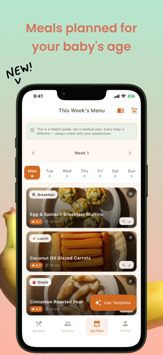 Tocomo weekly meal planner with meals planned for your baby's age