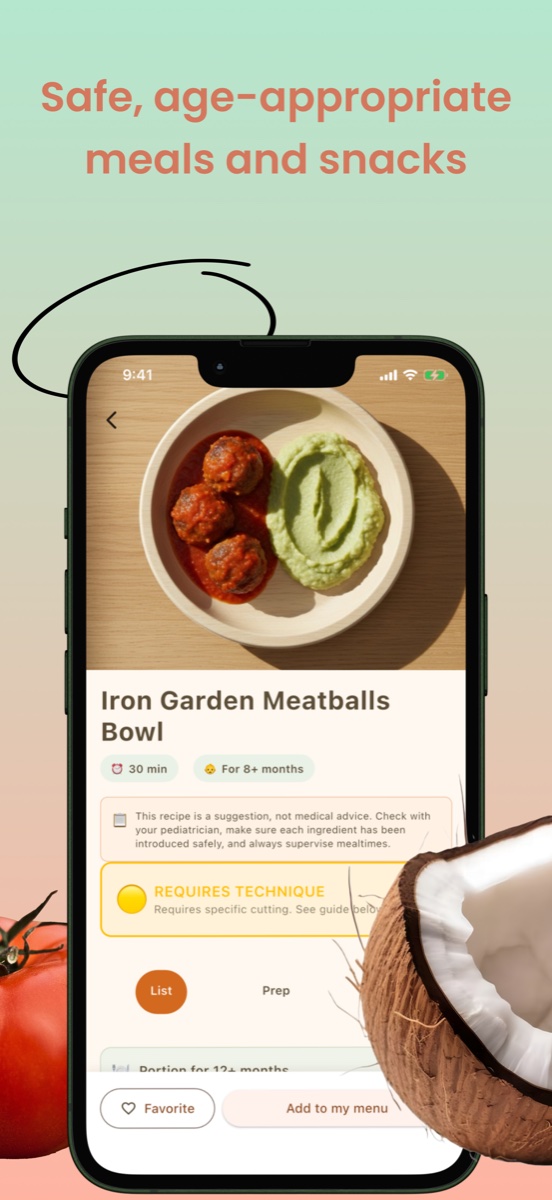 Tocomo recipe detail showing safe age-appropriate baby meals and snacks