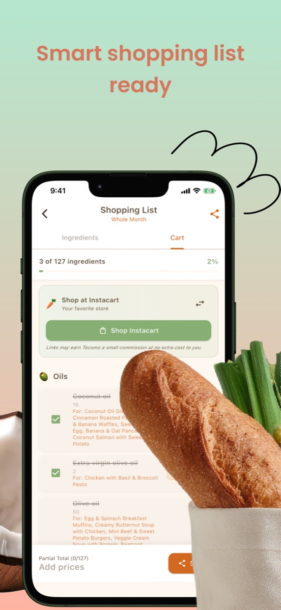 Tocomo smart shopping list for baby meal ingredients