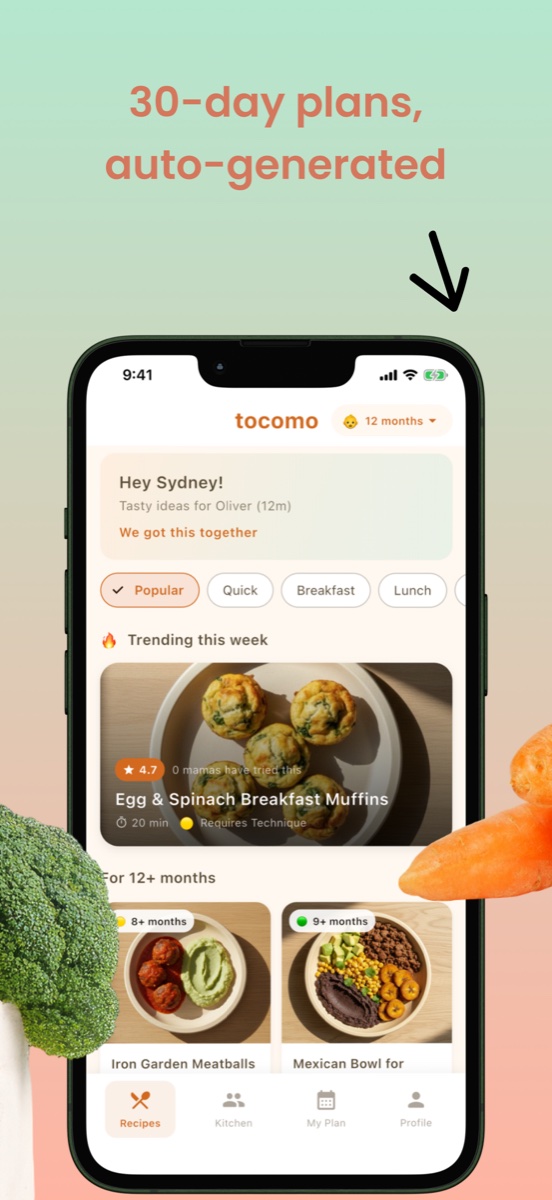 Tocomo app home screen with 30-day auto-generated meal plans for babies
